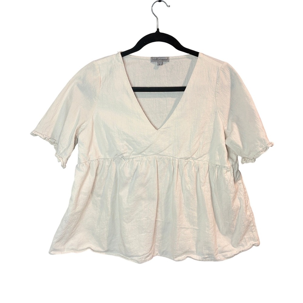 Wishlist Apparel Cream Textured Cotton Babydoll Peplum Top Large V-Neck Ruffle